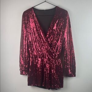 Sequined Deep V Romper in Burgundy Pink Size S/M